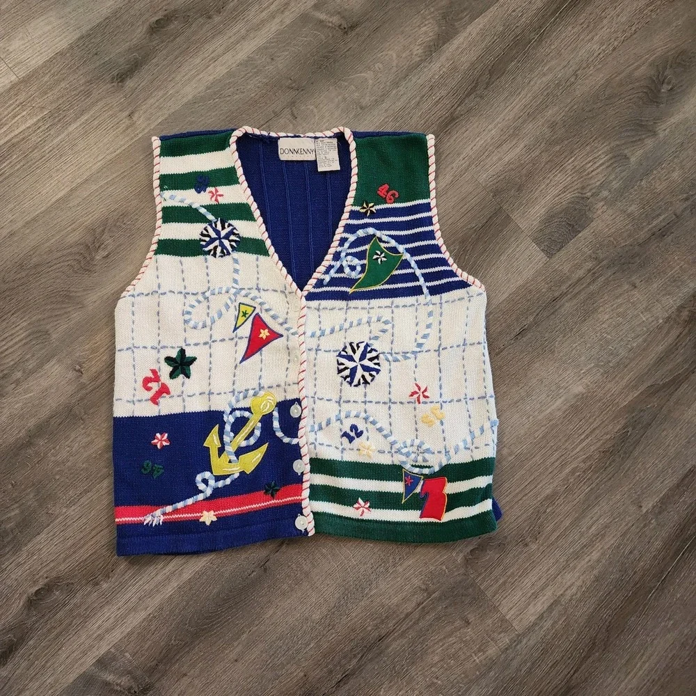 Vtg Donnkenny Ocean Sailing Sweater Button Vest L Nautical Yacht Coastal Grandma